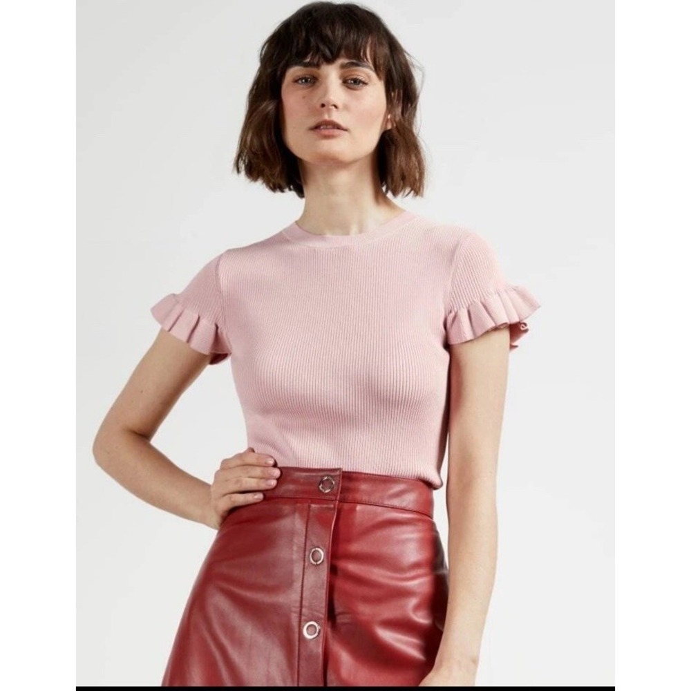 Ted Baker Pink Frill Rib Knit Crew Top Ruffle Sleeve‎ Womens Small